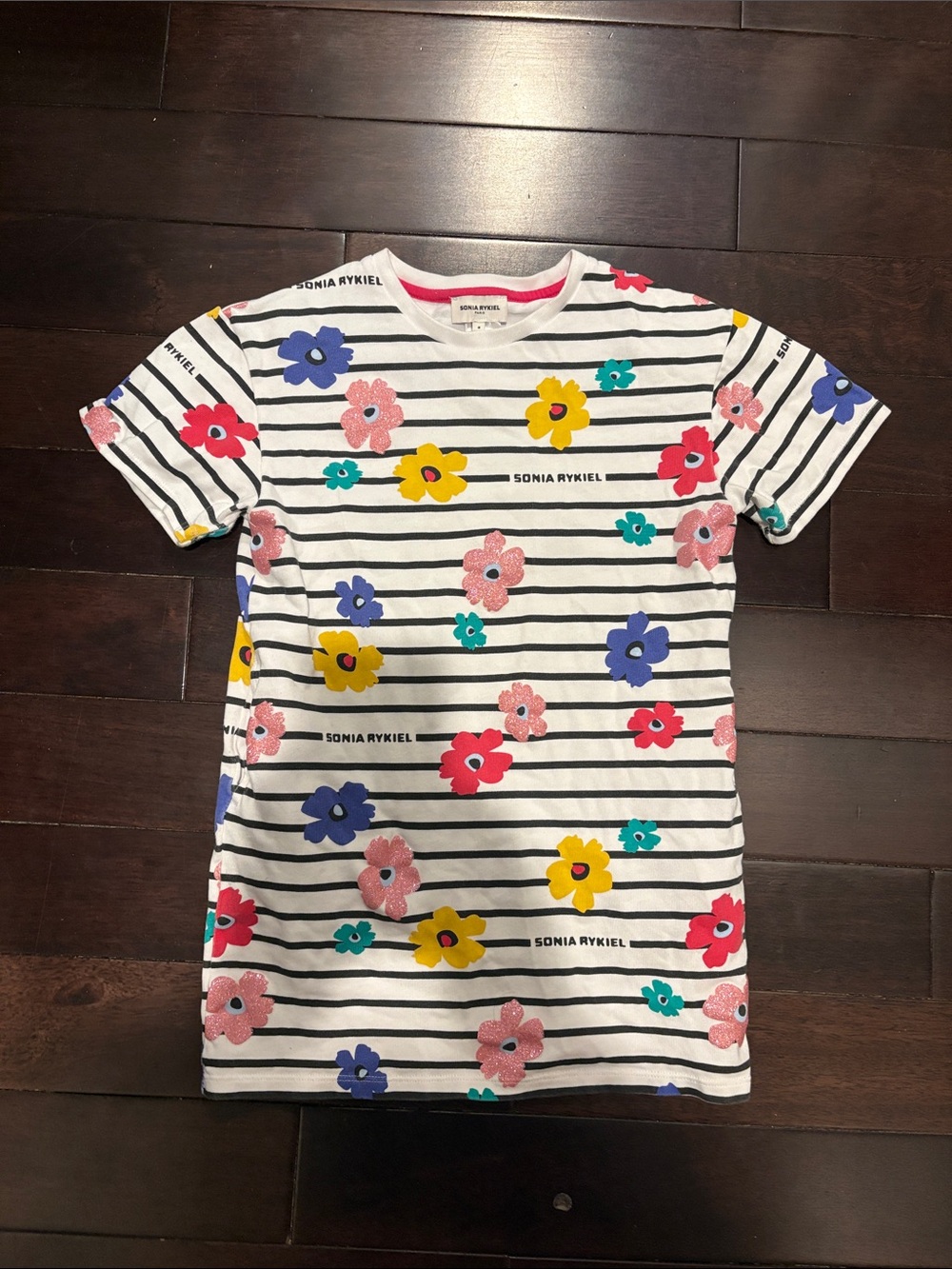 Sonia Rykiel White Striped Dress with Multicolor Floral Print